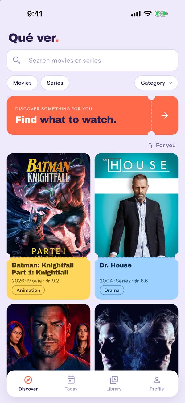 Qué ver's Discover screen