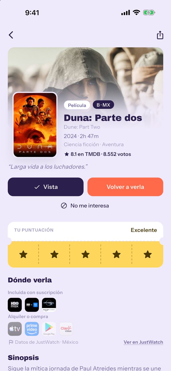 Ficha de un título con plataformas
